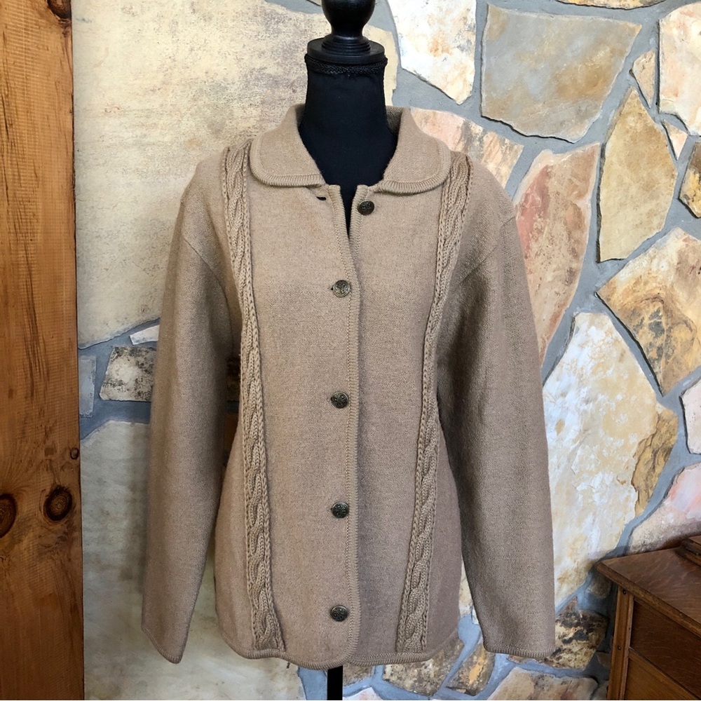 Classic Wool Cardigan WORTHINGTON Button Front Collared Sweater Tan (Large) - Picture 16 of 17